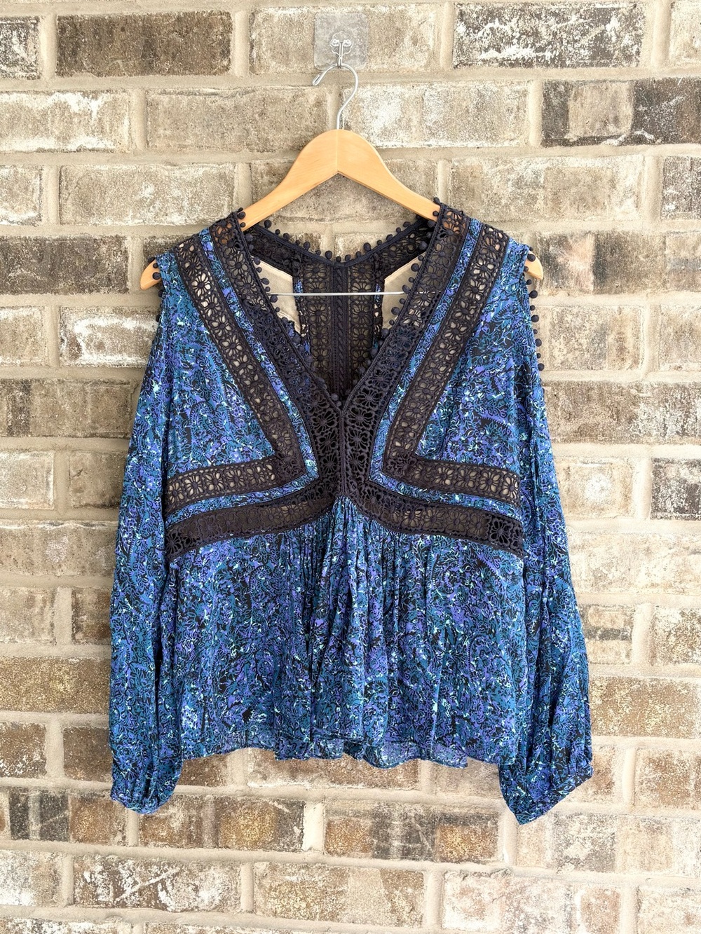 Rebecca Taylor Silk Blue Crochet-Trim V-Neck Blouse